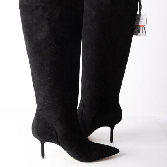 Zara Womens Black Suede Knee High Heeled Boots 10 - Picture 3 of 8